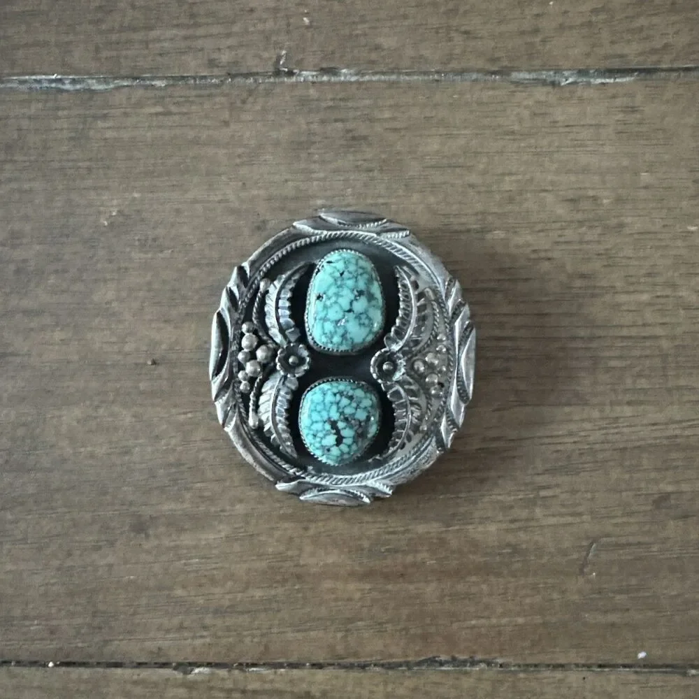 VTG Navajo Sterling Silver Bolo Slide 53g Morenci Blue Turquoise Double Stone